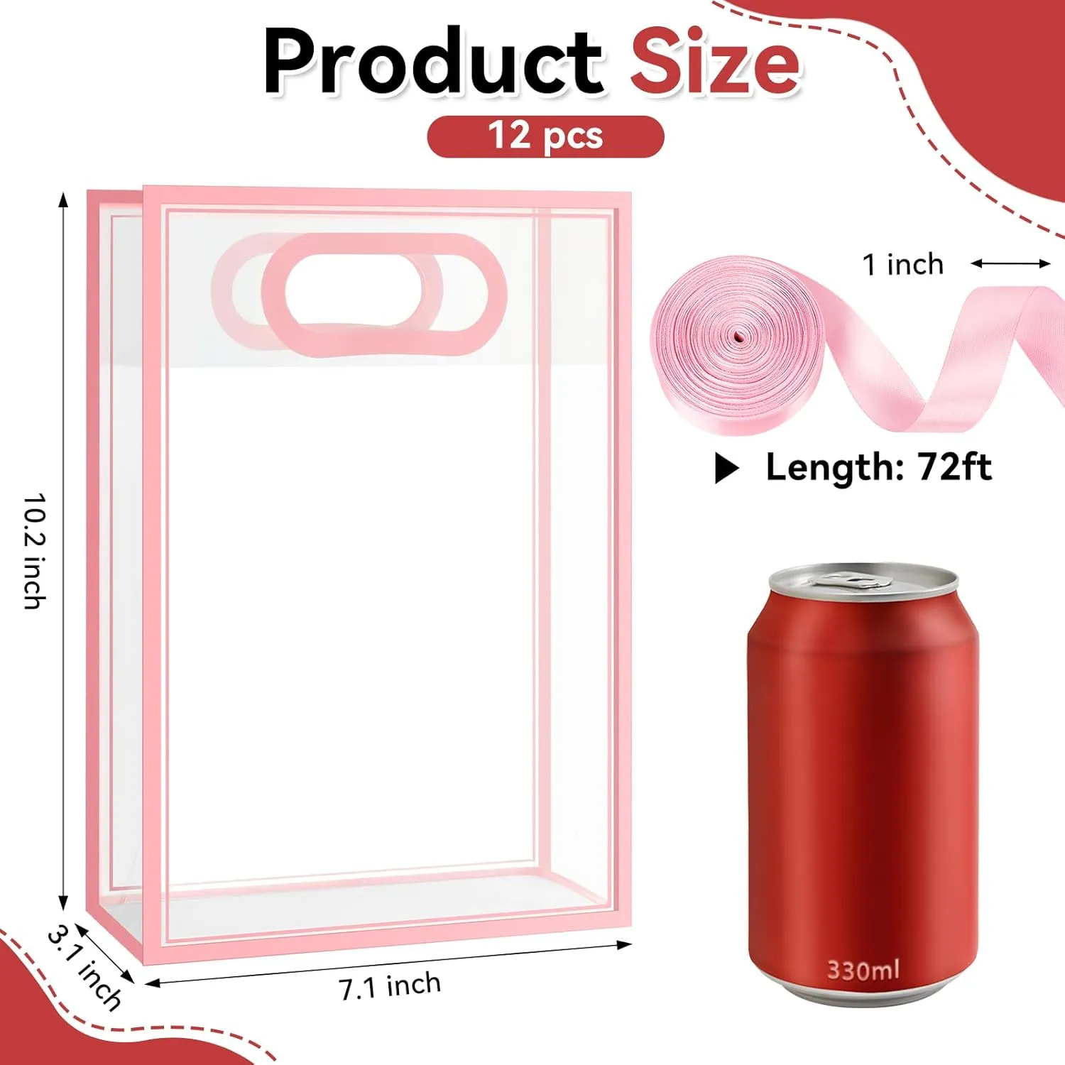 Ohuimrt 12 Pack Clear Plastic Gift Bags with Handles, Reusable Party Favor Bags with Ribbon for Mother's Day, Birthday, Wedding, Bachelorette Party, 10.2 x 7.1 x 3.1 Inch (Pink)