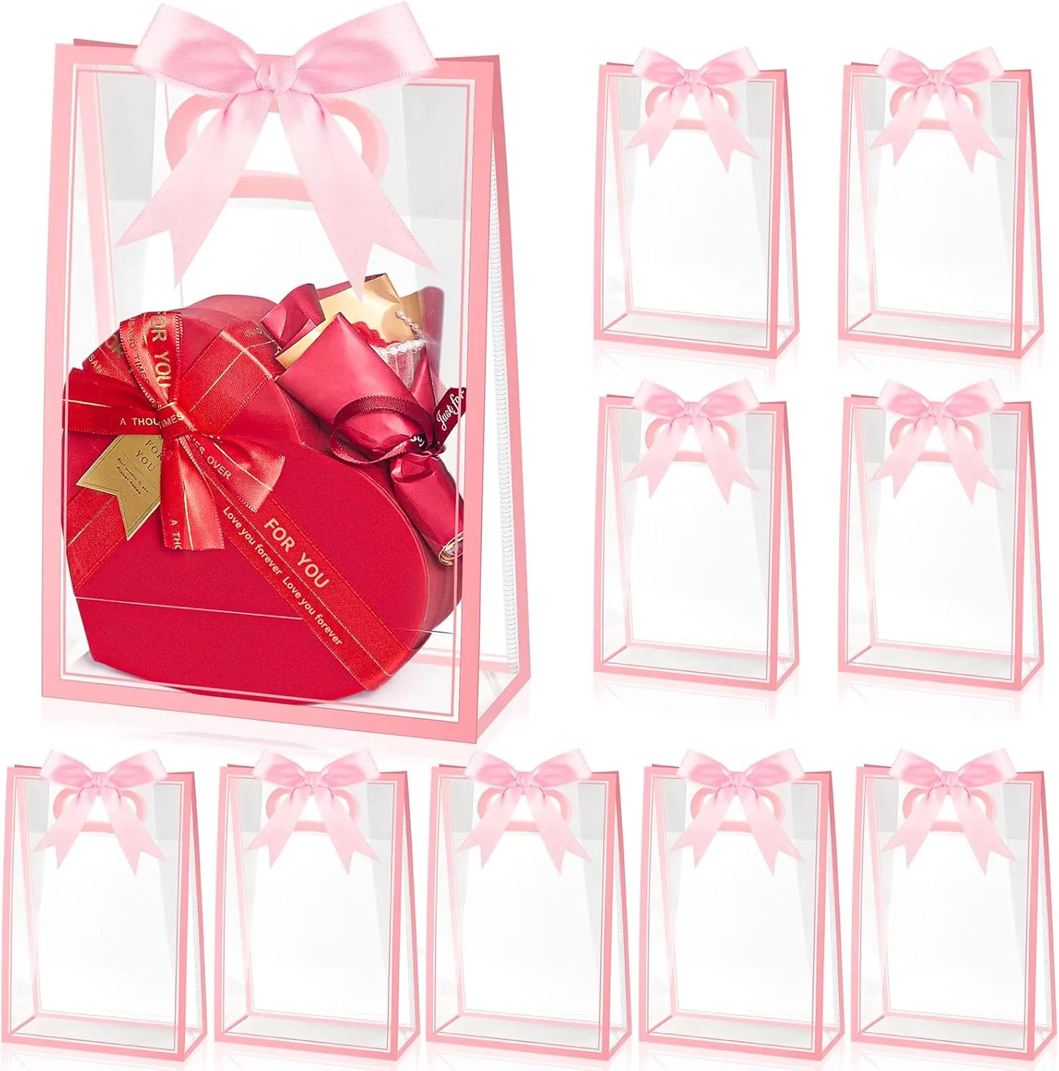 Ohuimrt 12 Pack Clear Plastic Gift Bags with Handles, Reusable Party Favor Bags with Ribbon for Mother's Day, Birthday, Wedding, Bachelorette Party, 10.2 x 7.1 x 3.1 Inch (Pink)