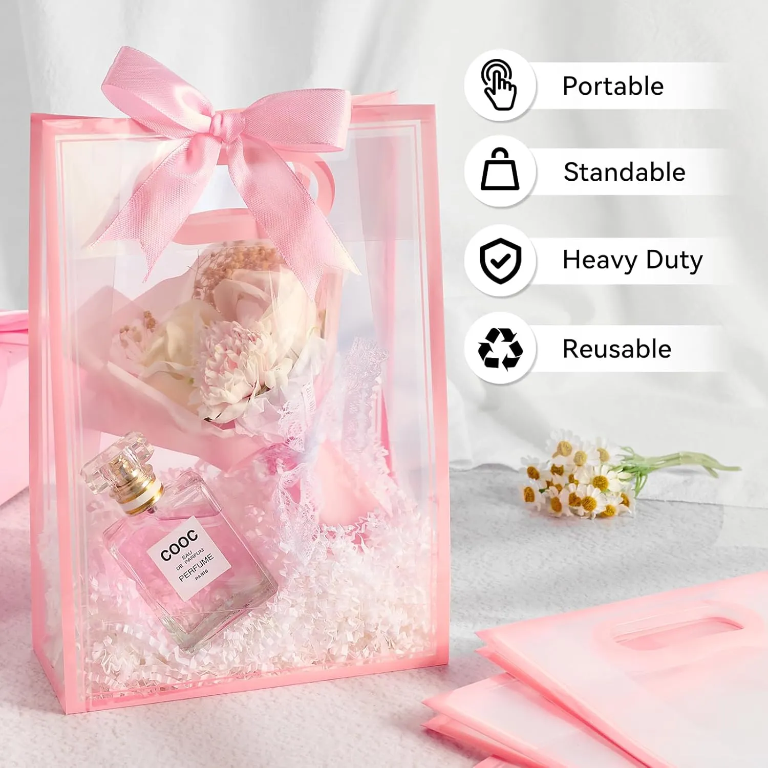 Ohuimrt 12 Pack Clear Plastic Gift Bags with Handles, Reusable Party Favor Bags with Ribbon for Mother's Day, Birthday, Wedding, Bachelorette Party, 10.2 x 7.1 x 3.1 Inch (Pink)