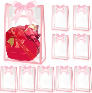 Ohuimrt 12 Pack Clear Plastic Gift Bags with Handles, Reusable Party Favor Bags with Ribbon for Mother's Day, Birthday, Wedding, Bachelorette Party, 10.2 x 7.1 x 3.1 Inch (Pink)