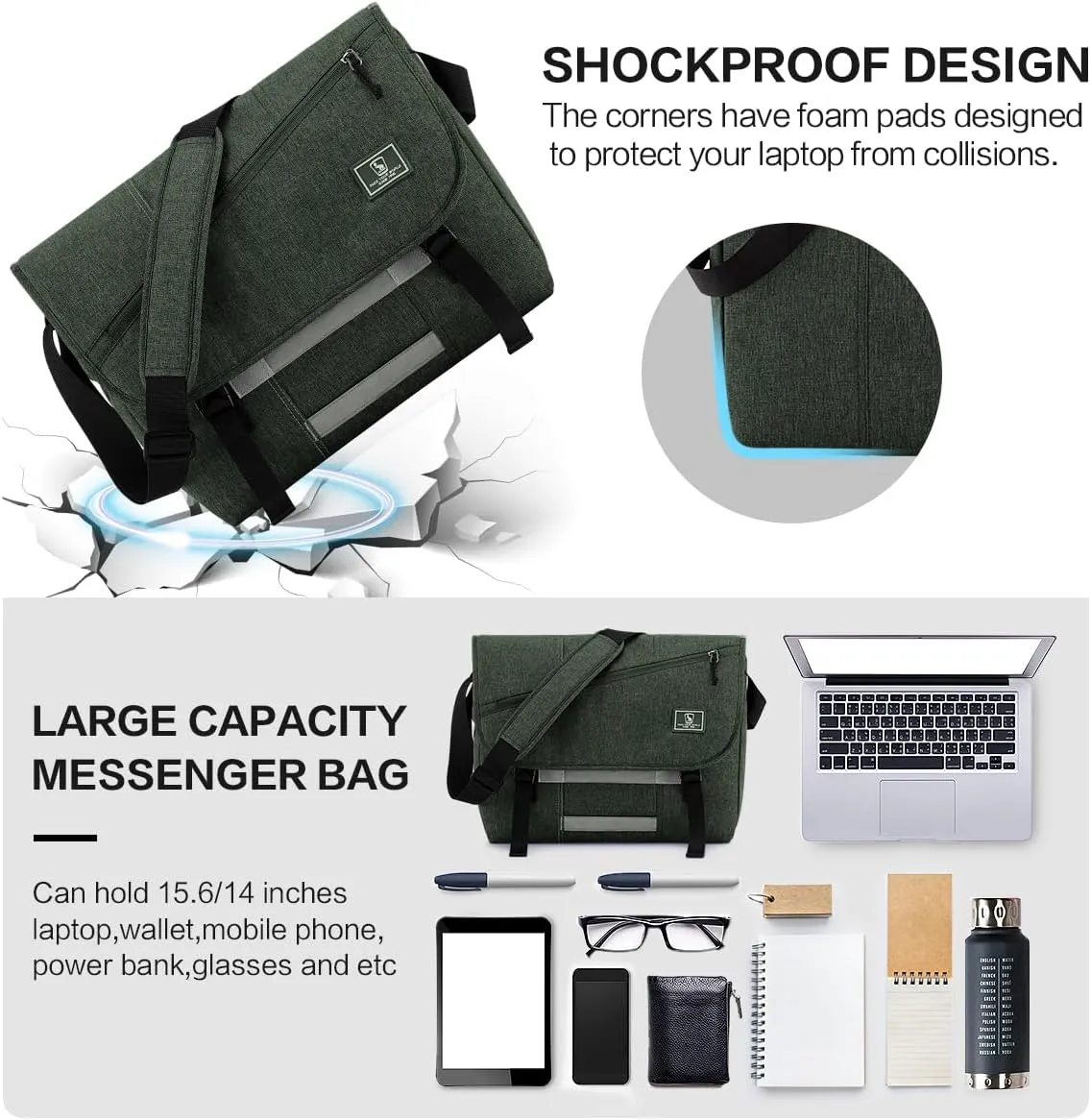 OIWAS Messenger Bag for Men, 15.6 Inch Laptop Crossbody Bags Women Casual Satchel Shoulder Bag College Travel Office Briefcase (15.6 Inch, Dark Green)