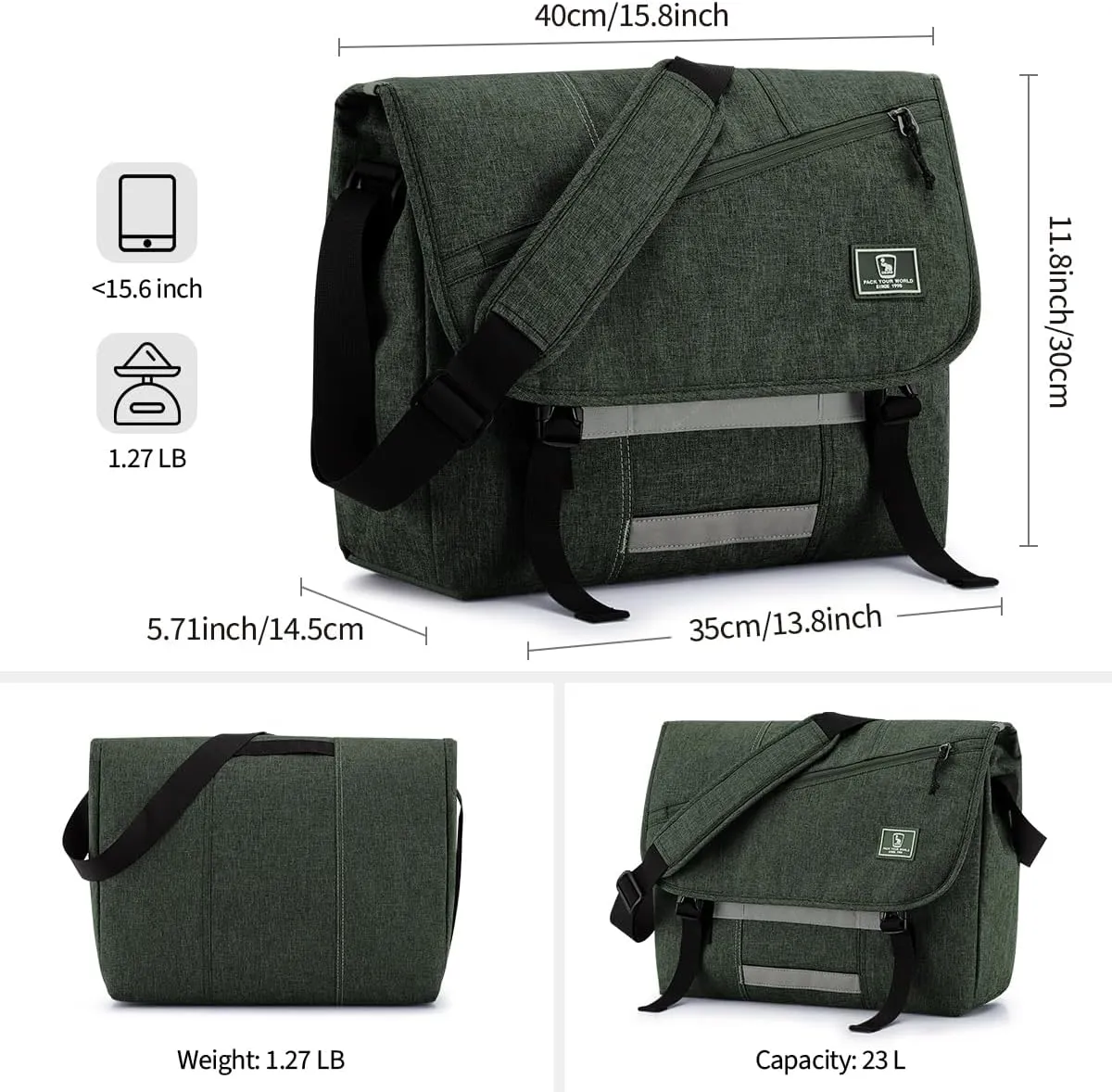 OIWAS Messenger Bag for Men, 15.6 Inch Laptop Crossbody Bags Women Casual Satchel Shoulder Bag College Travel Office Briefcase (15.6 Inch, Dark Green)