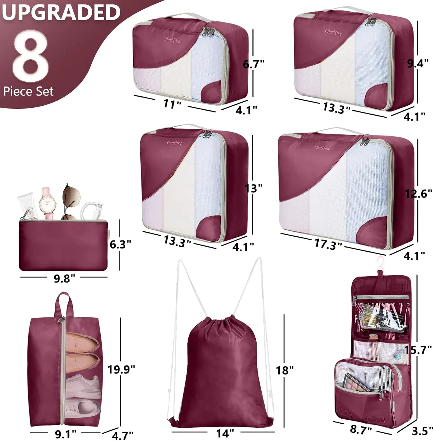 OlarHike 8 Set Packing Cubes for Travel, 4 Various Sizes(Extra Large,Large,Medium,Small), Luggage Organizer Bags for Trip Accessories Essentials,For Carry on Suitcases (Burgundy)