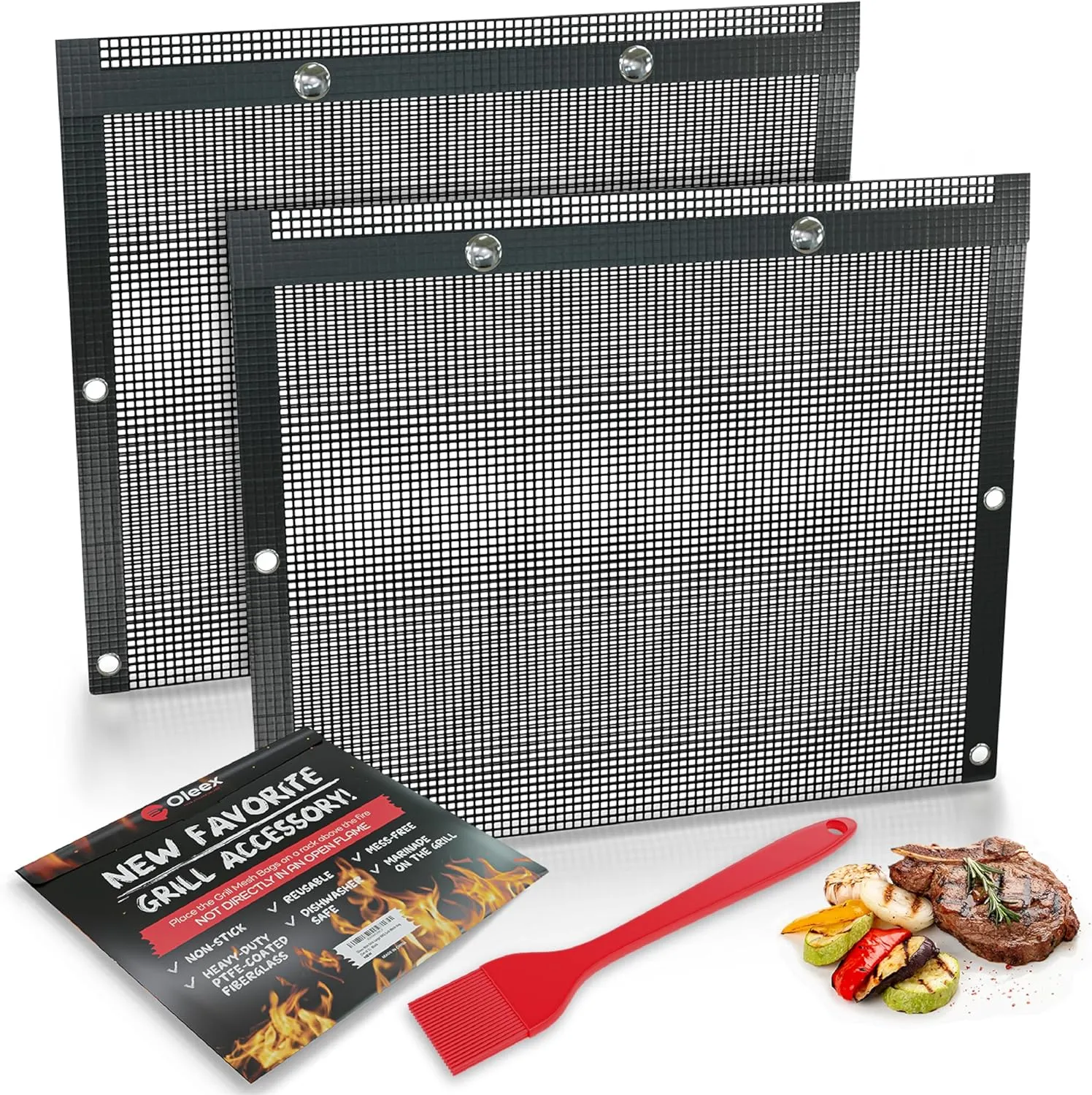 Oleex Non-Stick Large BBQ Grilling Bags   Basting Brush - Reusable PTFE Mesh Indoor Outdoor Charcoal Barbecue Grill Bag Accessories, Heat-Resistant Up to 500 F, Easy to Clean, Dishwasher-Safe