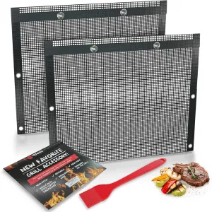 Oleex Non-Stick Large BBQ Grilling Bags   Basting Brush - Reusable PTFE Mesh Indoor Outdoor Charcoal Barbecue Grill Bag Accessories, Heat-Resistant Up to 500 F, Easy to Clean, Dishwasher-Safe