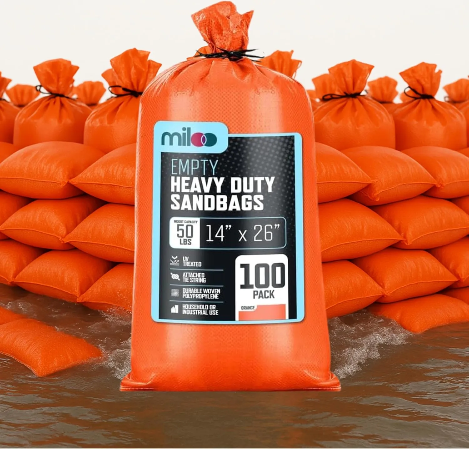 Orange Sand Bags for Flooding - Heavy Duty 50 lb Empty Sandbags with Tie Strings for Flood Control - 1600 Hours of UV Protection Woven Polypropylene Bags - 14 x 26 Inches each - Bulk Pack of 100