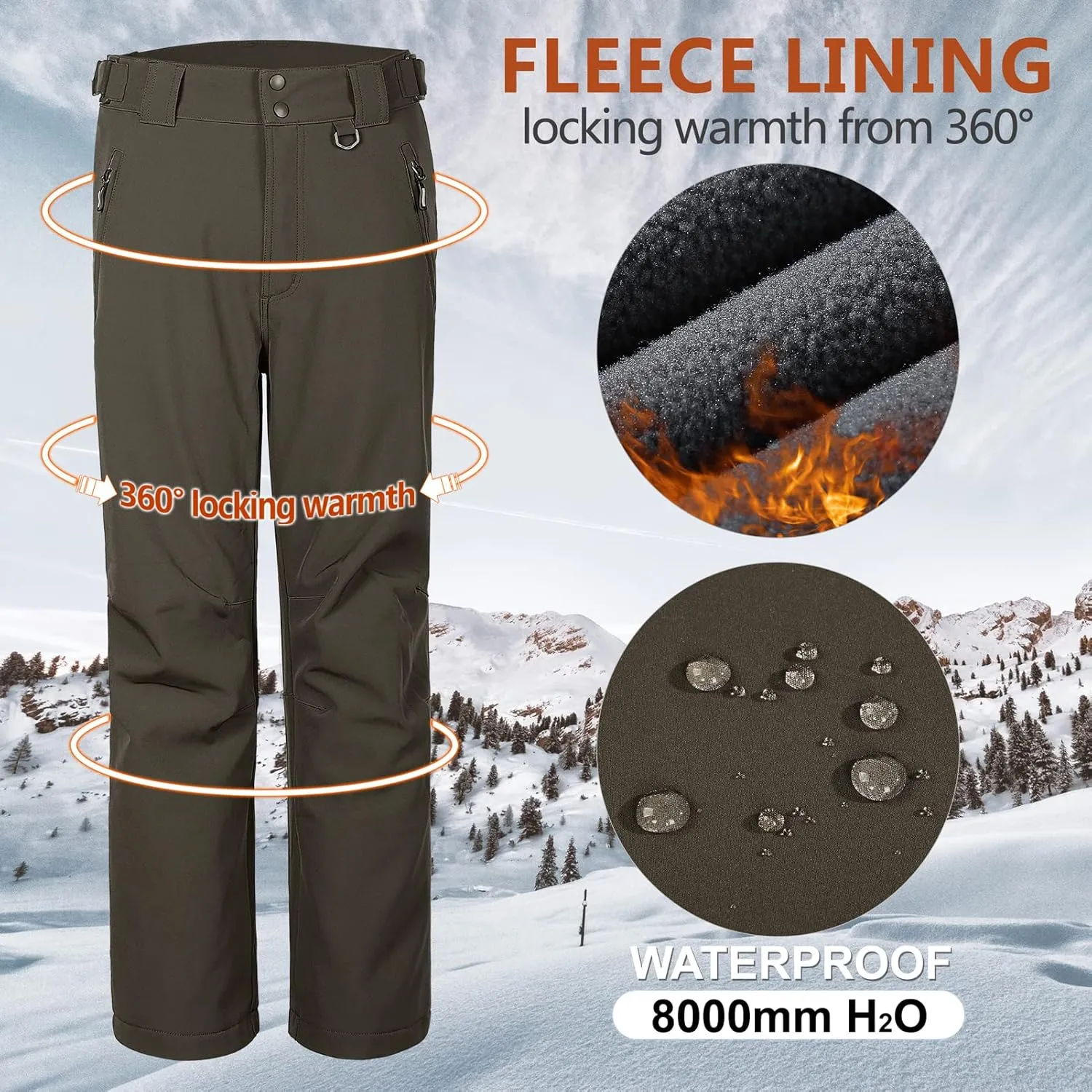 Outdoor Ventures Men's Lite Waterproof Windproof Fleece Lined Warm Hiking Ski Snow Pants Expandable-Waist