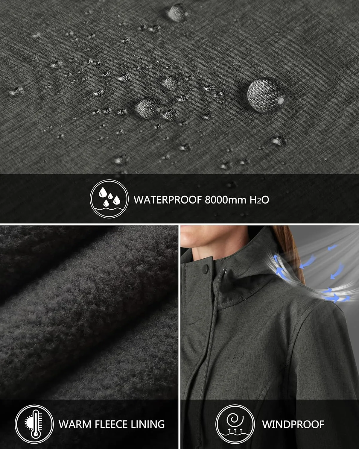 Outdoor Ventures Women's Lightweight Waterproof Fleece Lined Hooded Softshell Rain Jacket, Warm Windbreaker Long Coat