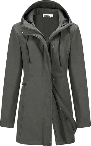 Outdoor Ventures Women's Lightweight Waterproof Fleece Lined Hooded Softshell Rain Jacket, Warm Windbreaker Long Coat