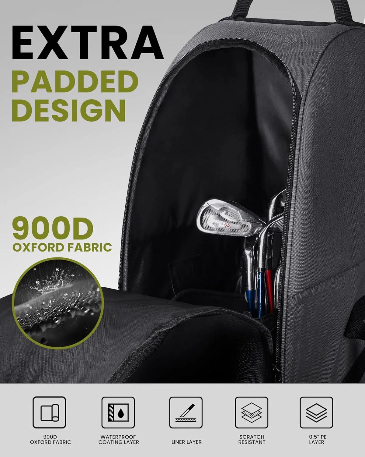 OutdoorMaster Padded Golf Travel Bag with Reinforced Wheels, 900D Heavy Duty Oxford Wear-Resistant and Waterproof Golf Travel Case, Soft-Sided Golf Club Bag