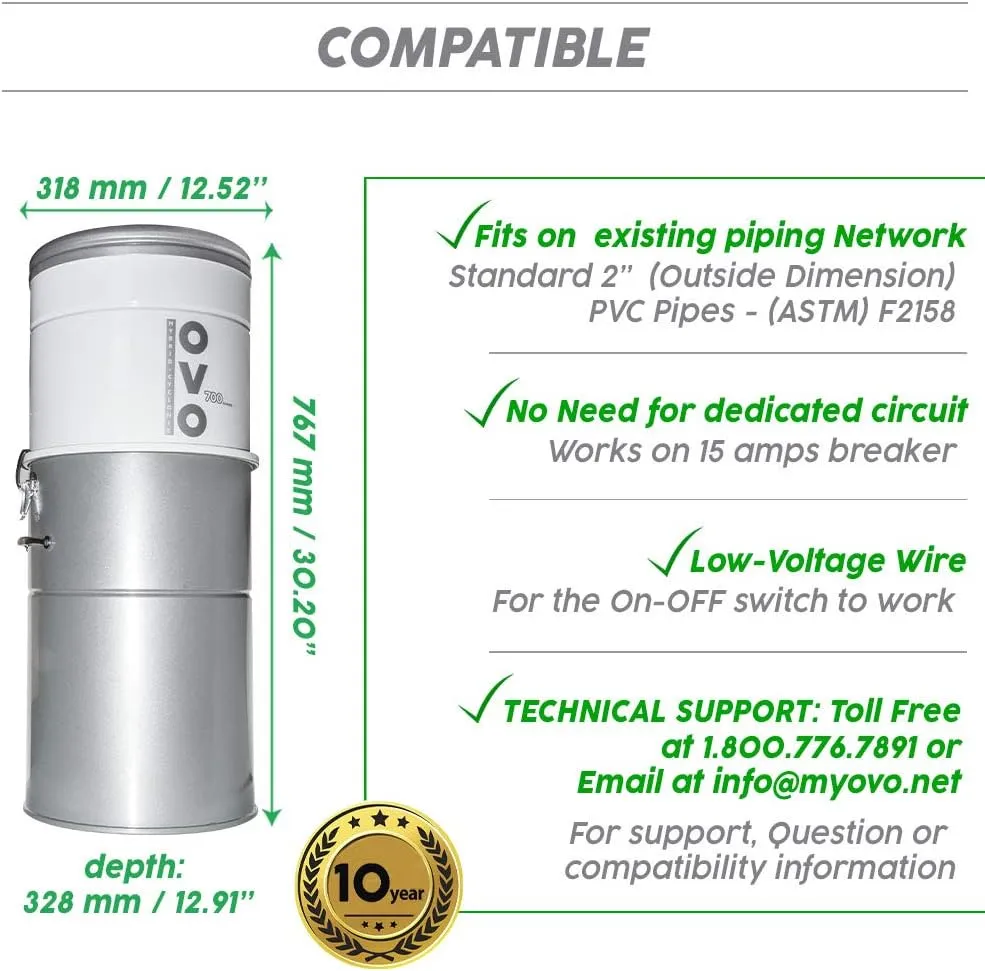 OVO 700 Airwatts Heavy Duty Powerful Central Vacuum System, Hybrid Filtration (with or Without Disposable Bags) 35L or 9.25Gal Bottom Load Dust Bin