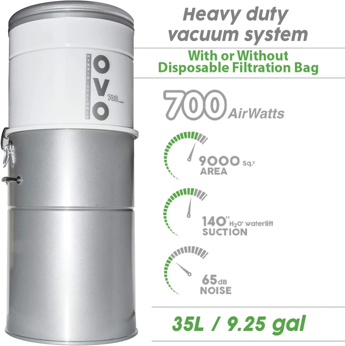 OVO 700 Airwatts Heavy Duty Powerful Central Vacuum System, Hybrid Filtration (with or Without Disposable Bags) 35L or 9.25Gal Bottom Load Dust Bin