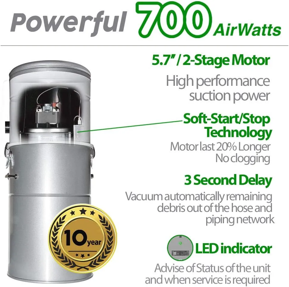 OVO 700 Airwatts Heavy Duty Powerful Central Vacuum System, Hybrid Filtration (with or Without Disposable Bags) 35L or 9.25Gal Bottom Load Dust Bin