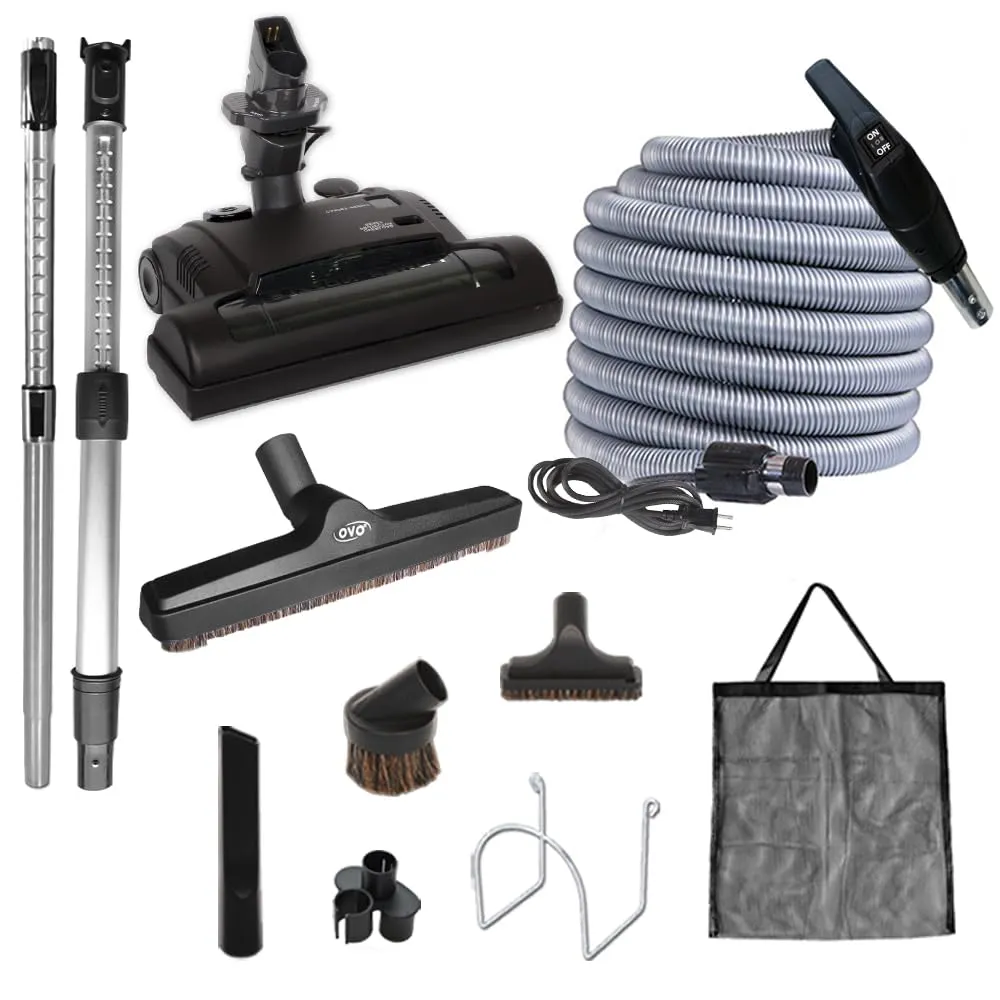 OVO 750 Airwatts Heavy Duty Powerful Central Vacuum System, Hybrid Filtration (with or Without Disposable Bags) 25L or 6.6Gal, 35ft Carpet Deluxe Accessory kit Included