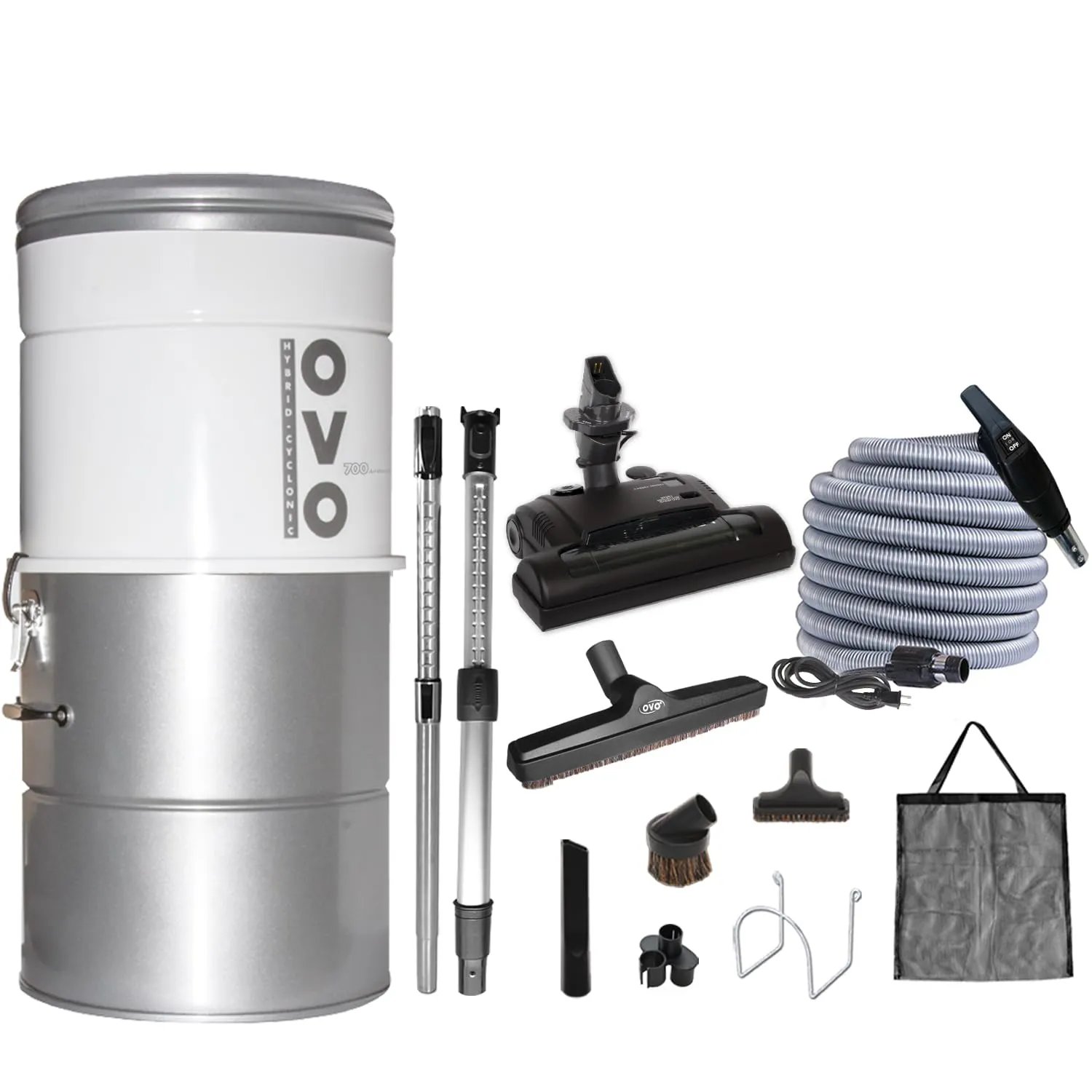 OVO 750 Airwatts Heavy Duty Powerful Central Vacuum System, Hybrid Filtration (with or Without Disposable Bags) 25L or 6.6Gal, 35ft Carpet Deluxe Accessory kit Included
