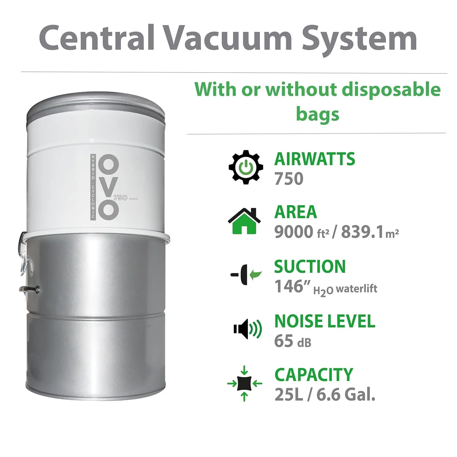 OVO 750 Airwatts Heavy Duty Powerful Central Vacuum System, Hybrid Filtration (with or Without Disposable Bags) 25L or 6.6Gal, 35ft Carpet Deluxe Accessory kit Included