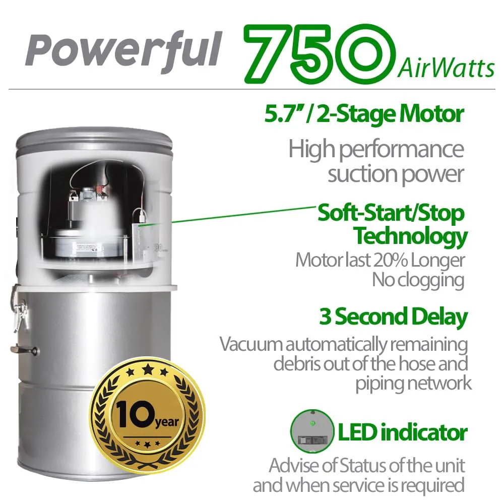 OVO 750 Airwatts Heavy Duty Powerful Central Vacuum System, Hybrid Filtration (with or Without Disposable Bags) 25L or 6.6Gal, 35ft Carpet Deluxe Accessory kit Included