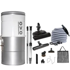 OVO 750 Airwatts Heavy Duty Powerful Central Vacuum System, Hybrid Filtration (with or Without Disposable Bags) 25L or 6.6Gal, 35ft Carpet Deluxe Accessory kit Included