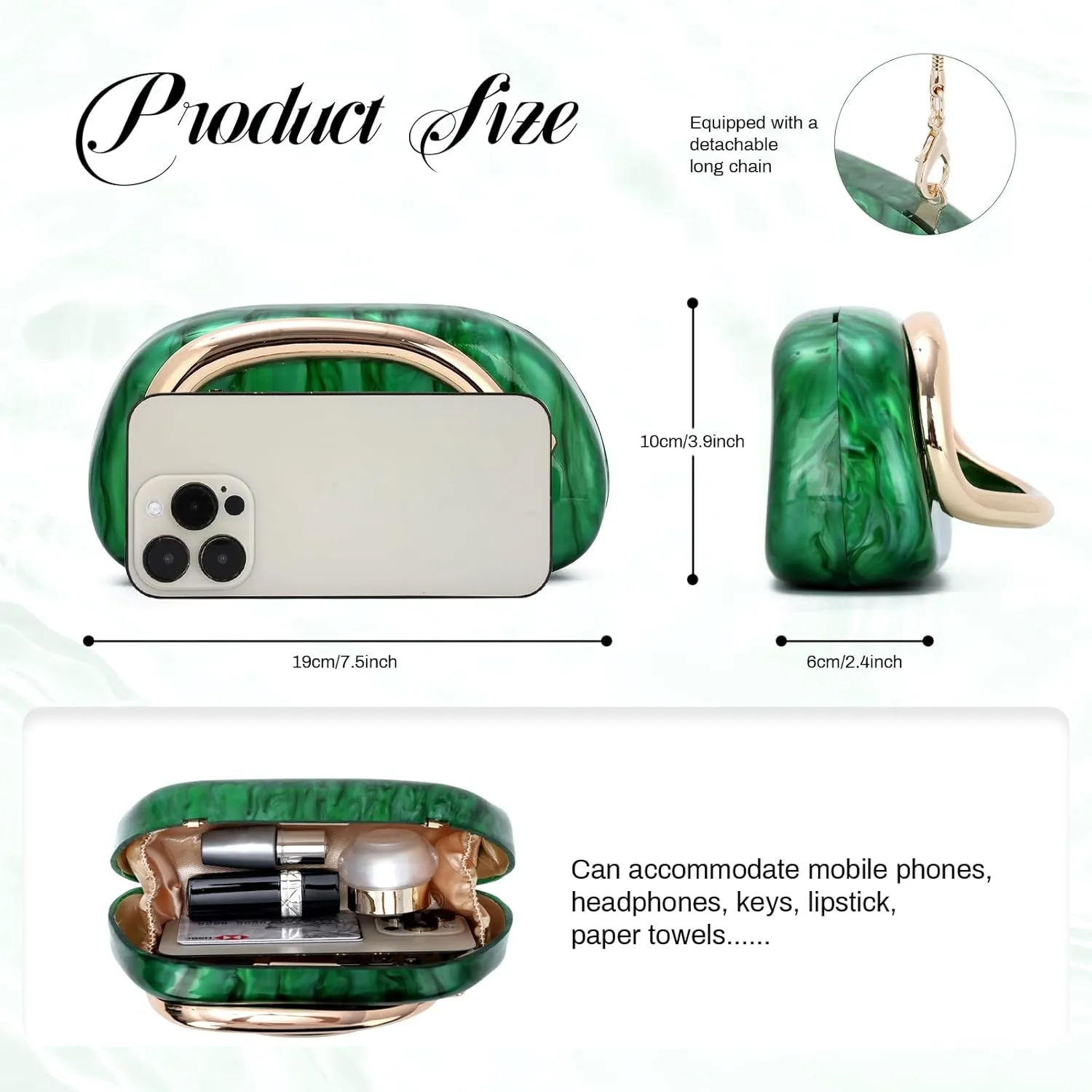 Oweisong Acrylic Clutch Purse for Women Shell Evening Bags Formal Wedding Green Clutch Shoulder Handbag with Chain