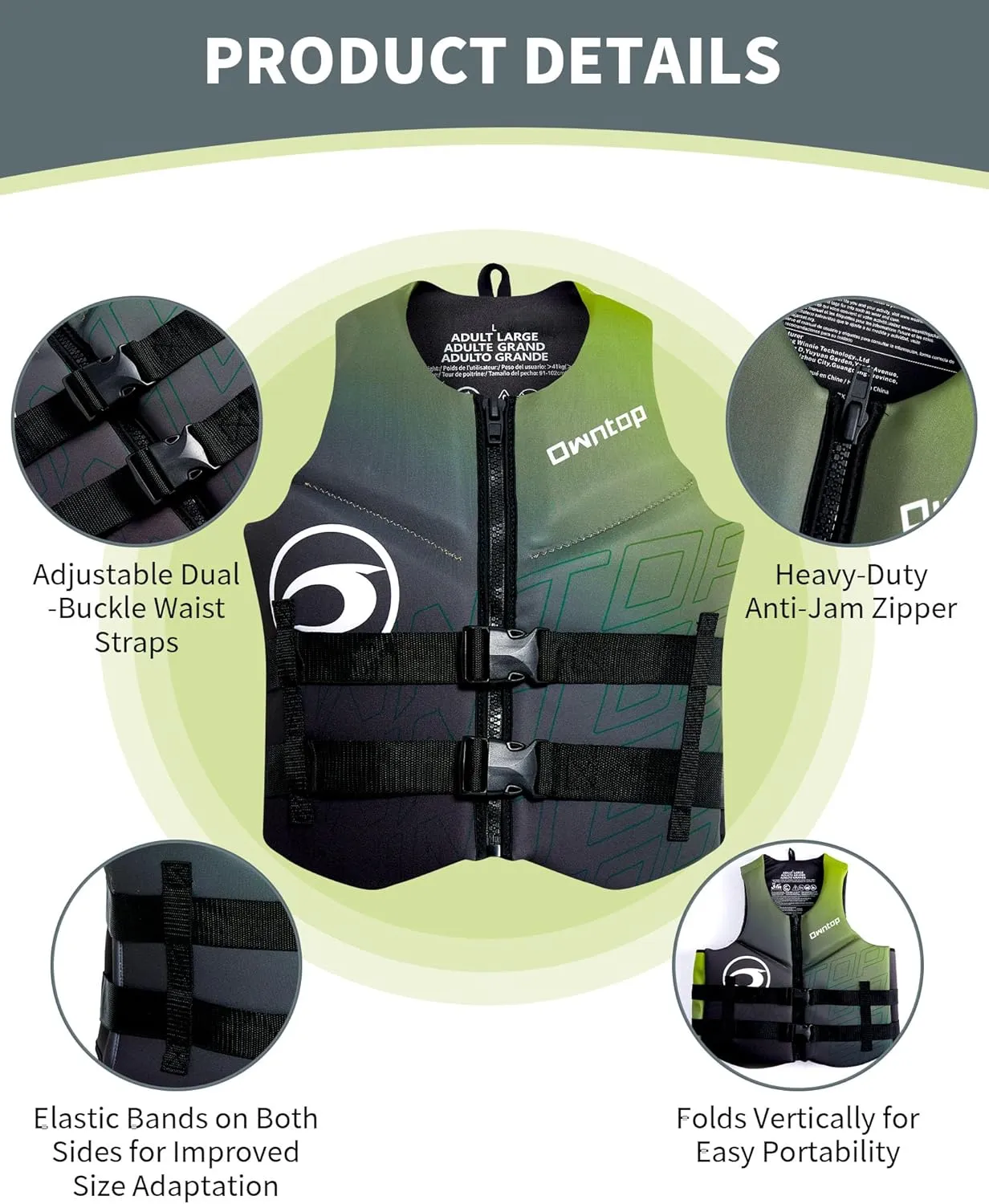 Owntop Swim Vest Adult Water Sport Vest Neoprene Floaties for Swimming, Boating, Kayaking, Fishing | Adjustable Zipper Dual Buckle Foldable Buoyancy Jacket