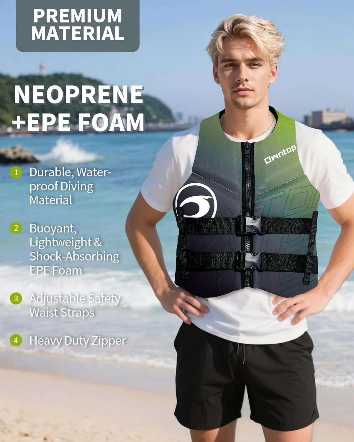 Owntop Swim Vest Adult Water Sport Vest Neoprene Floaties for Swimming, Boating, Kayaking, Fishing | Adjustable Zipper Dual Buckle Foldable Buoyancy Jacket