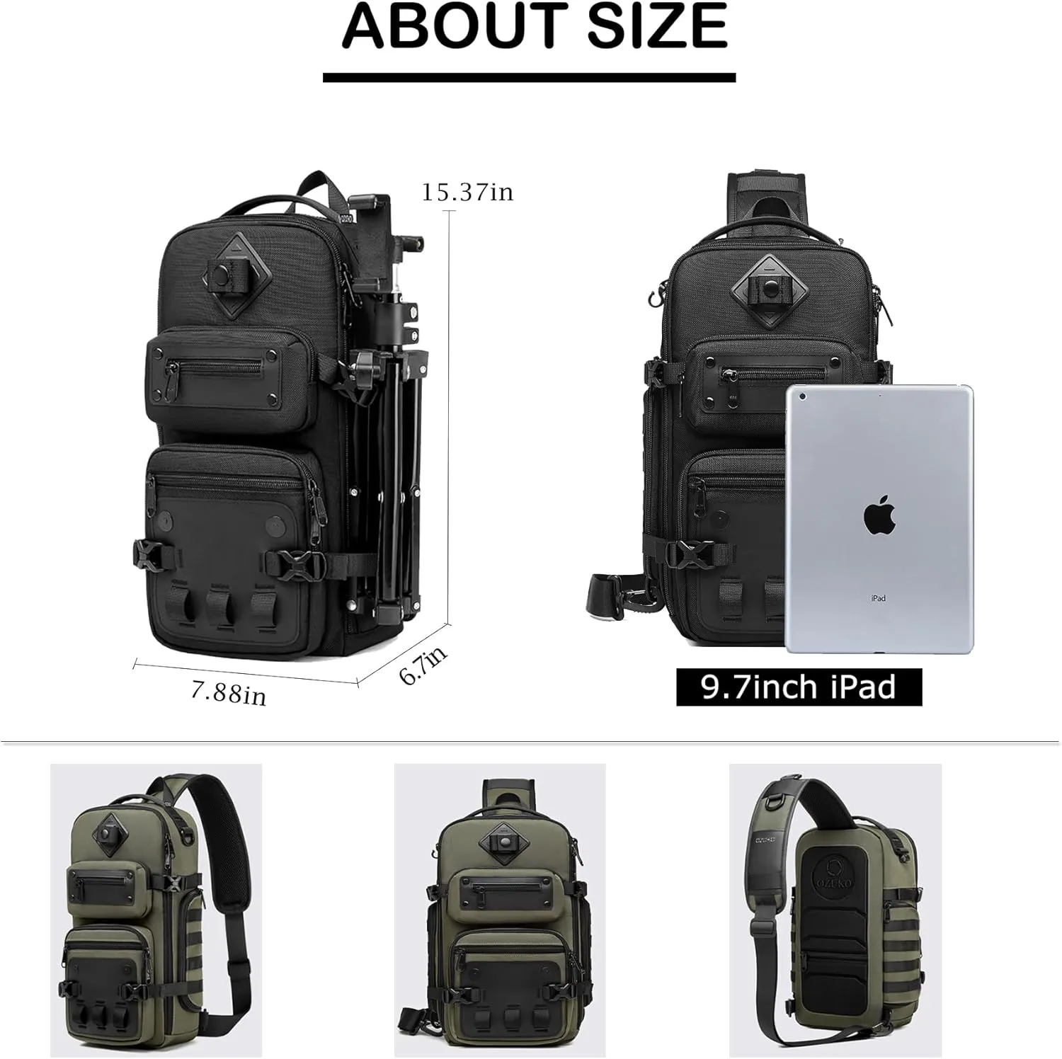 OZUKO Tactical Backpack Chest Sling Bags for Men, Waterproof Crossbody Shoulder Daypack for Outdoor Walking Hiking Trekking (Military)