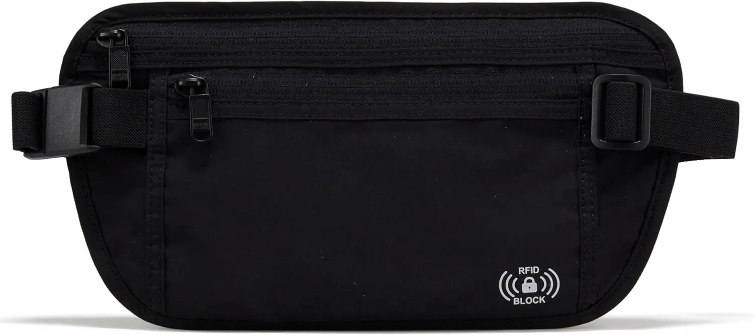 Pander Unisex RFID Anti Theft Waist Pouch Money Belt for Travel, Blocking Hidden Wallet Belt Bag for Women, Protects Your Valuables and Data. (Black Onyx)