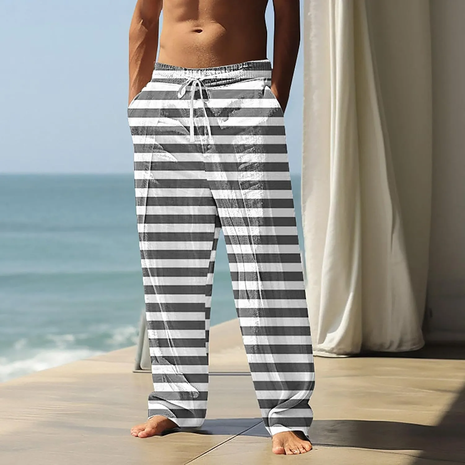 Pants for Men Casual Linen Stripe Camo Drawstring Wide Leg Trousers Loose Fit Breathable Hawaii Beach Vacation Pants