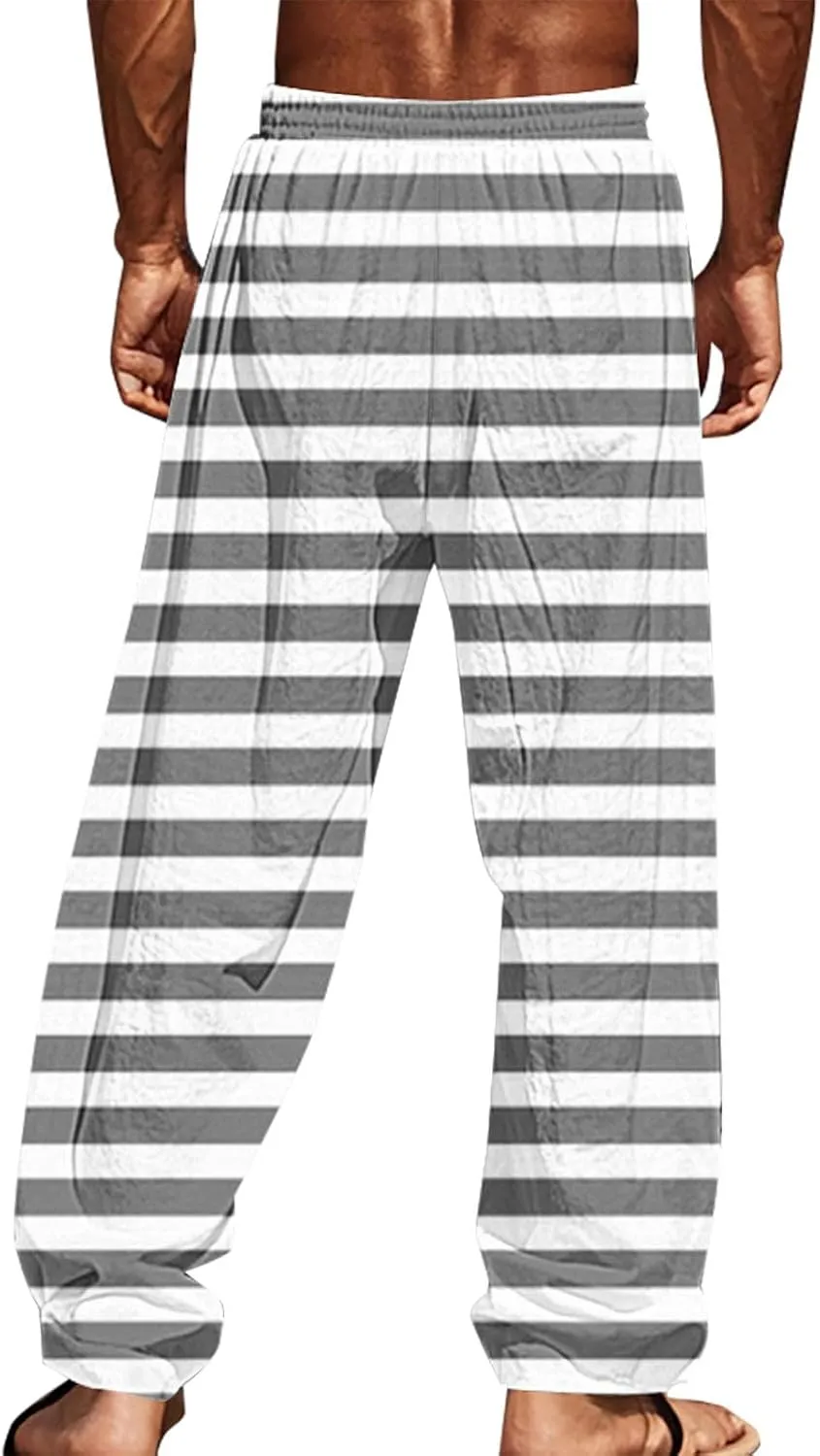 Pants for Men Casual Linen Stripe Camo Drawstring Wide Leg Trousers Loose Fit Breathable Hawaii Beach Vacation Pants