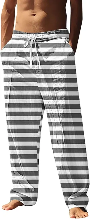 Pants for Men Casual Linen Stripe Camo Drawstring Wide Leg Trousers Loose Fit Breathable Hawaii Beach Vacation Pants
