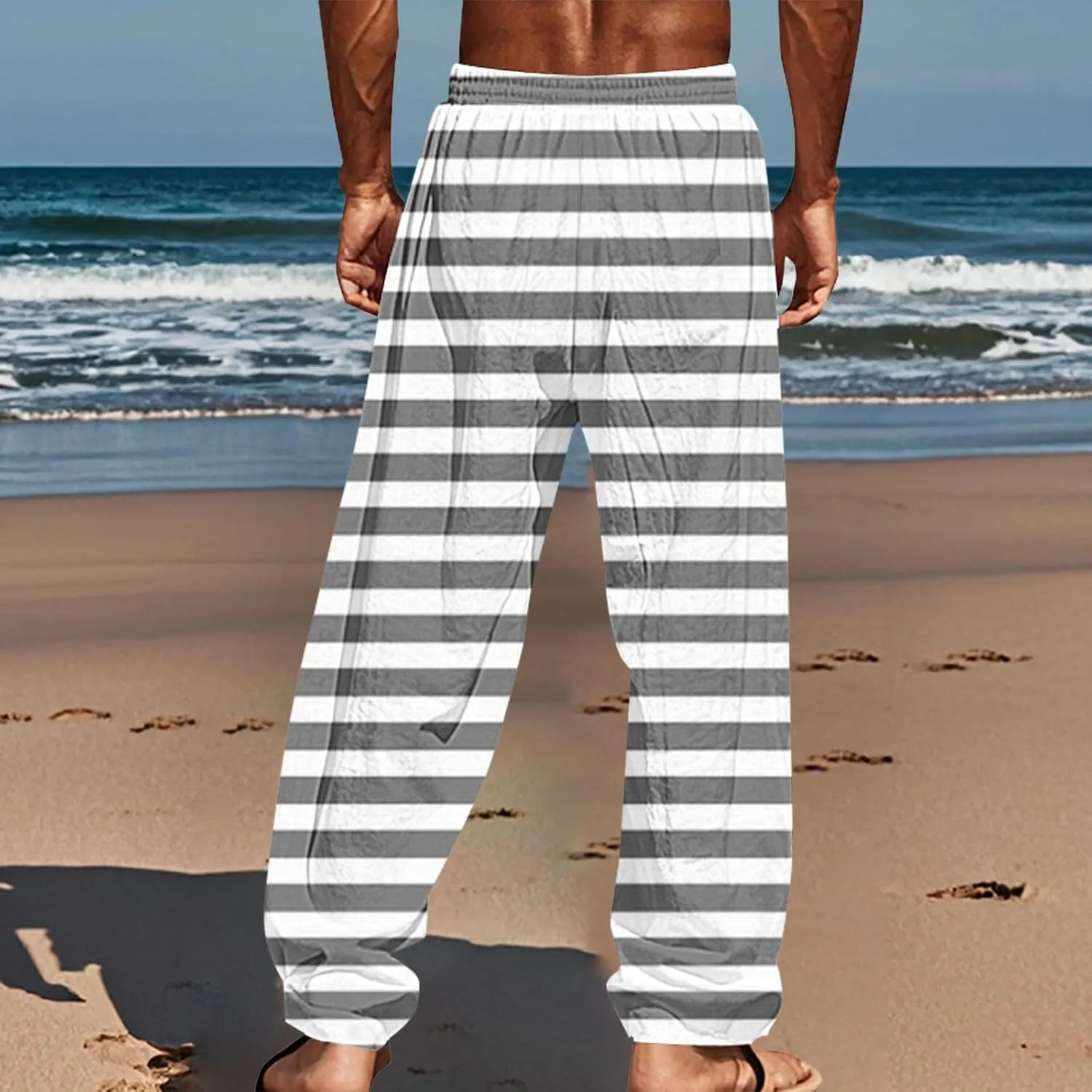Pants for Men Casual Linen Stripe Camo Drawstring Wide Leg Trousers Loose Fit Breathable Hawaii Beach Vacation Pants