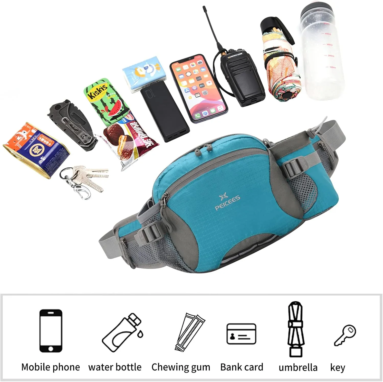 Peicees Hiking Fanny Pack Large Waist Bag for Men Women with Bottle Holder Water Resistant Lumbar Pack for Hiking Camping Fishing Outdoor (Bottle Not Included)