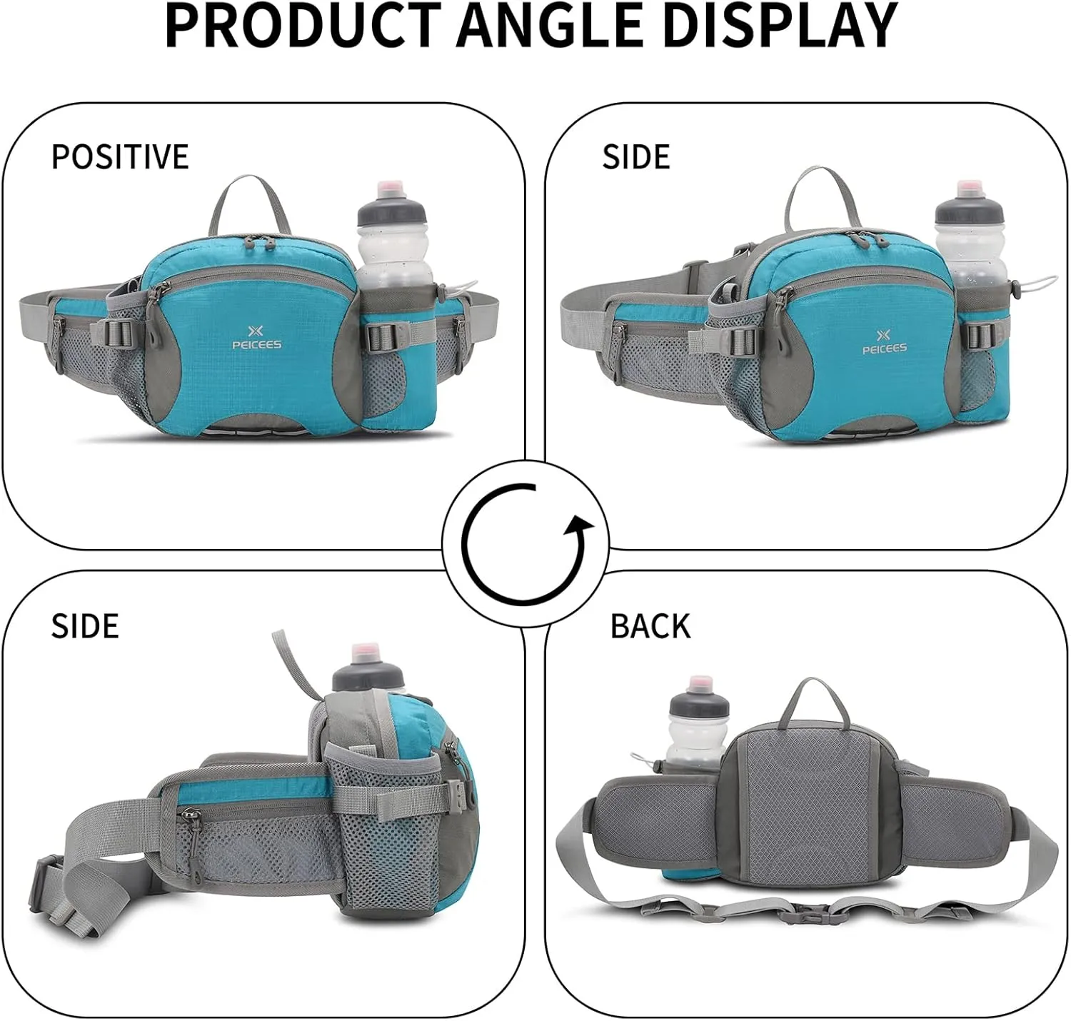 Peicees Hiking Fanny Pack Large Waist Bag for Men Women with Bottle Holder Water Resistant Lumbar Pack for Hiking Camping Fishing Outdoor (Bottle Not Included)