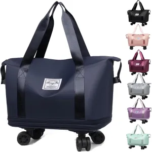 Pepepo Travel Bag with Removable Wheels, Large Capacity Kulken Travel Bags with pull handle, Universal Expandable Foldable Rolling Duffle Tote, Dry and wet separation (dark blue)