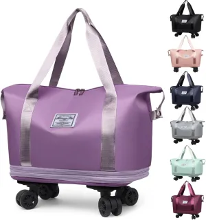 Pepepo Travel Bag with Removable Wheels, Large Capacity Kulken Travel Bags with pull handle, Universal Expandable Foldable Rolling Duffle Tote, Dry and wet separation (purple)