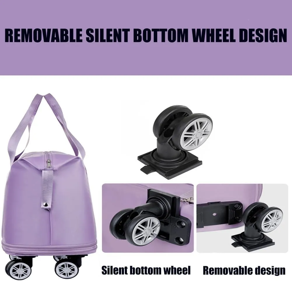 Pepepo Travel Bag with Removable Wheels, Large Capacity Kulken Travel Bags with pull handle, Universal Expandable Foldable Rolling Duffle Tote, Dry and wet separation (purple)