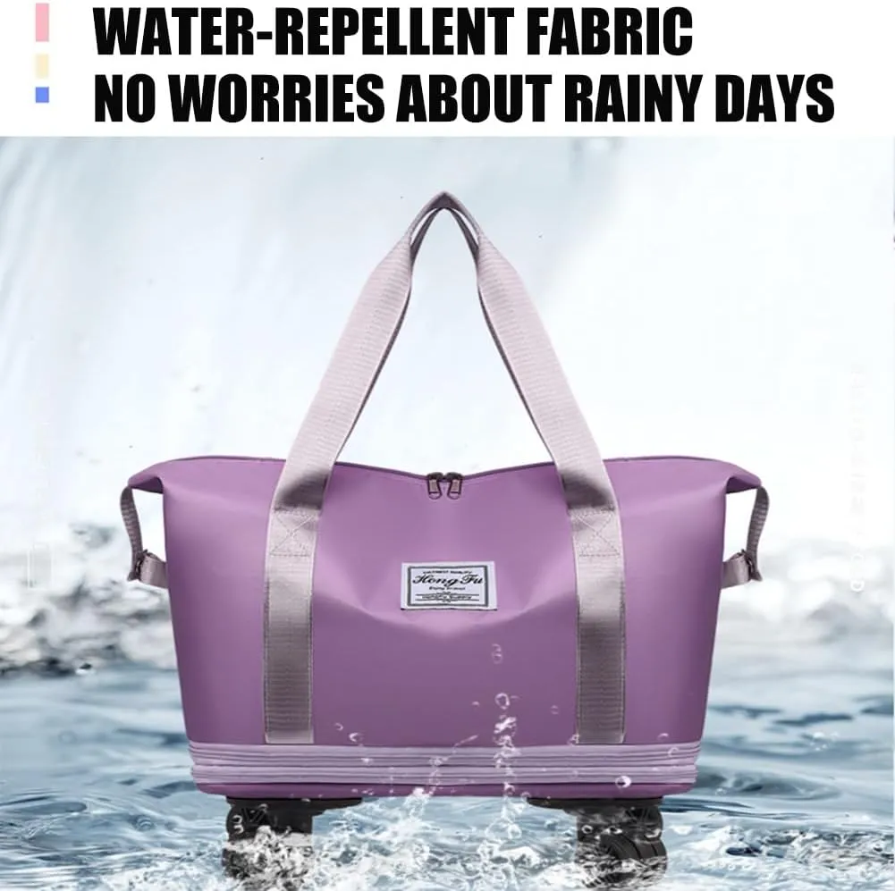 Pepepo Travel Bag with Removable Wheels, Large Capacity Kulken Travel Bags with pull handle, Universal Expandable Foldable Rolling Duffle Tote, Dry and wet separation (purple)