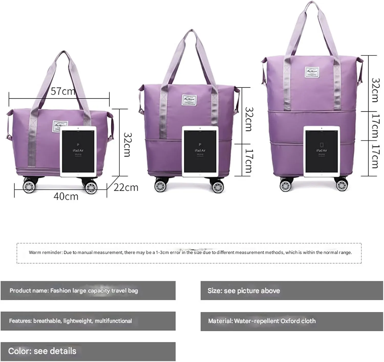 Pepepo Travel Bag with Wheels, 36/55L Klarson Expandable Bag with Wheels, 2025 New Large Capacity Travel Bag - Universal Wheel Removable, Expandable Foldable Duffle Bags (Dark Purple)