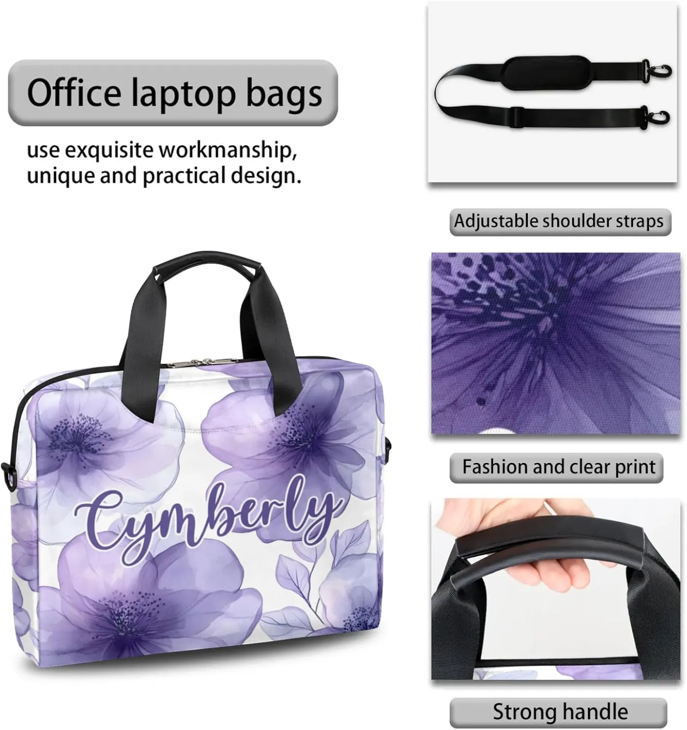 Personalized Name Flower Laptop Bag for Women, Custom Computer Bag Messenger Bags for Work Business, 16 Inch