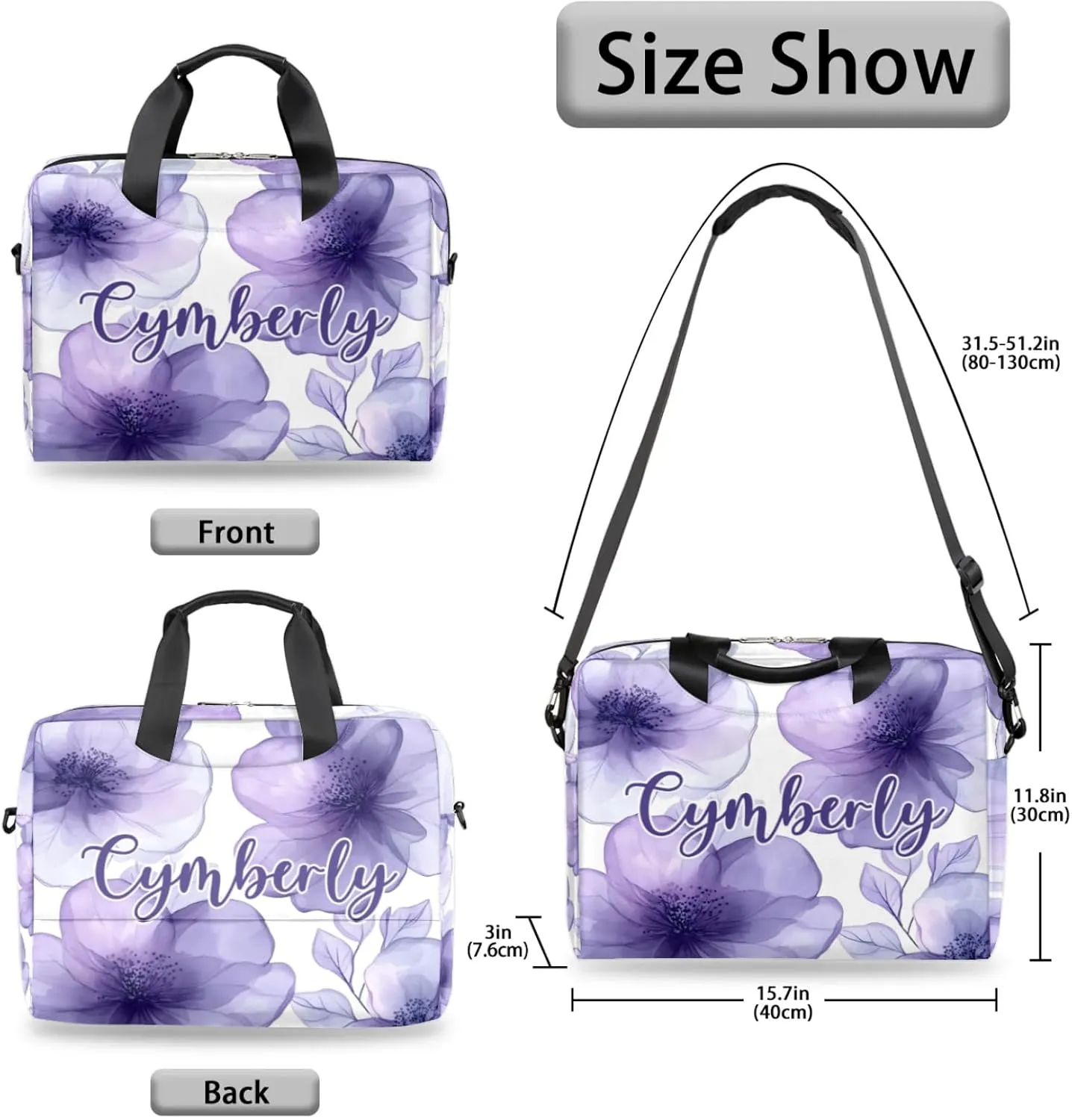 Personalized Name Flower Laptop Bag for Women, Custom Computer Bag Messenger Bags for Work Business, 16 Inch