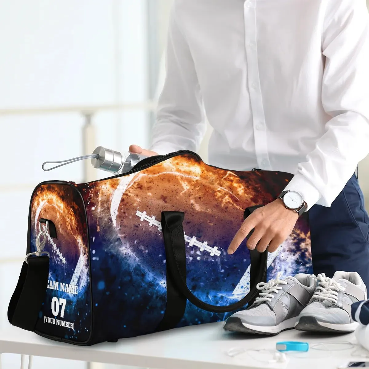 Personalized Travel Duffle Bags for Teenage Boys Men, Custom Team Space America Football Sports Overnight Bags Foldable Gym Bag Personalized Weekender Sleepover Carry On Bag