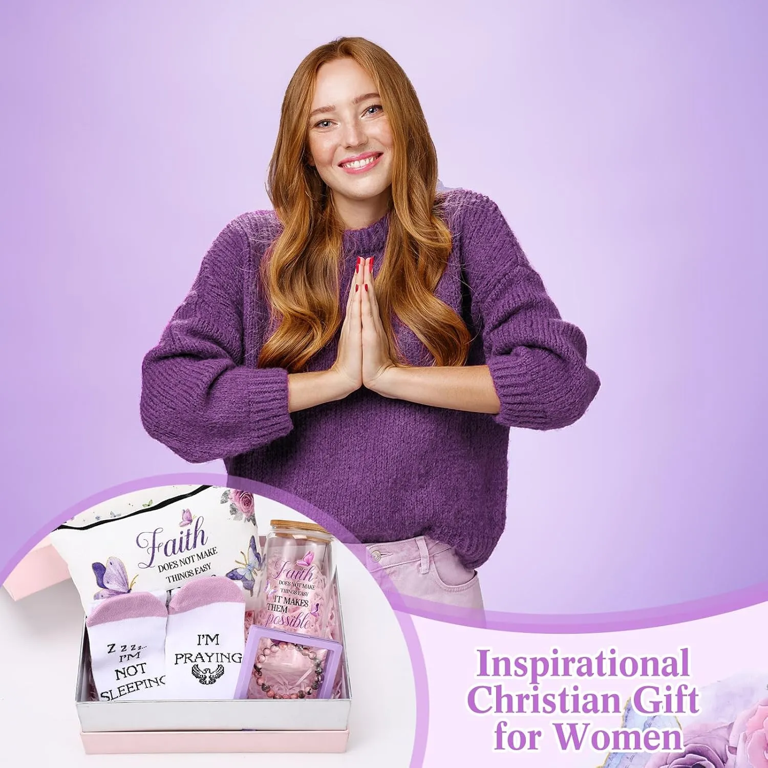 Pickmesh 7 Pack Christian Gifts for Women,Religious Church Gift Set for Mothers Day,Bible Tote Bag, Inspirational Coffee Cup, Christian Socks, Faith Makeup Bag, Stone Bracelet, Greeting Card with Box