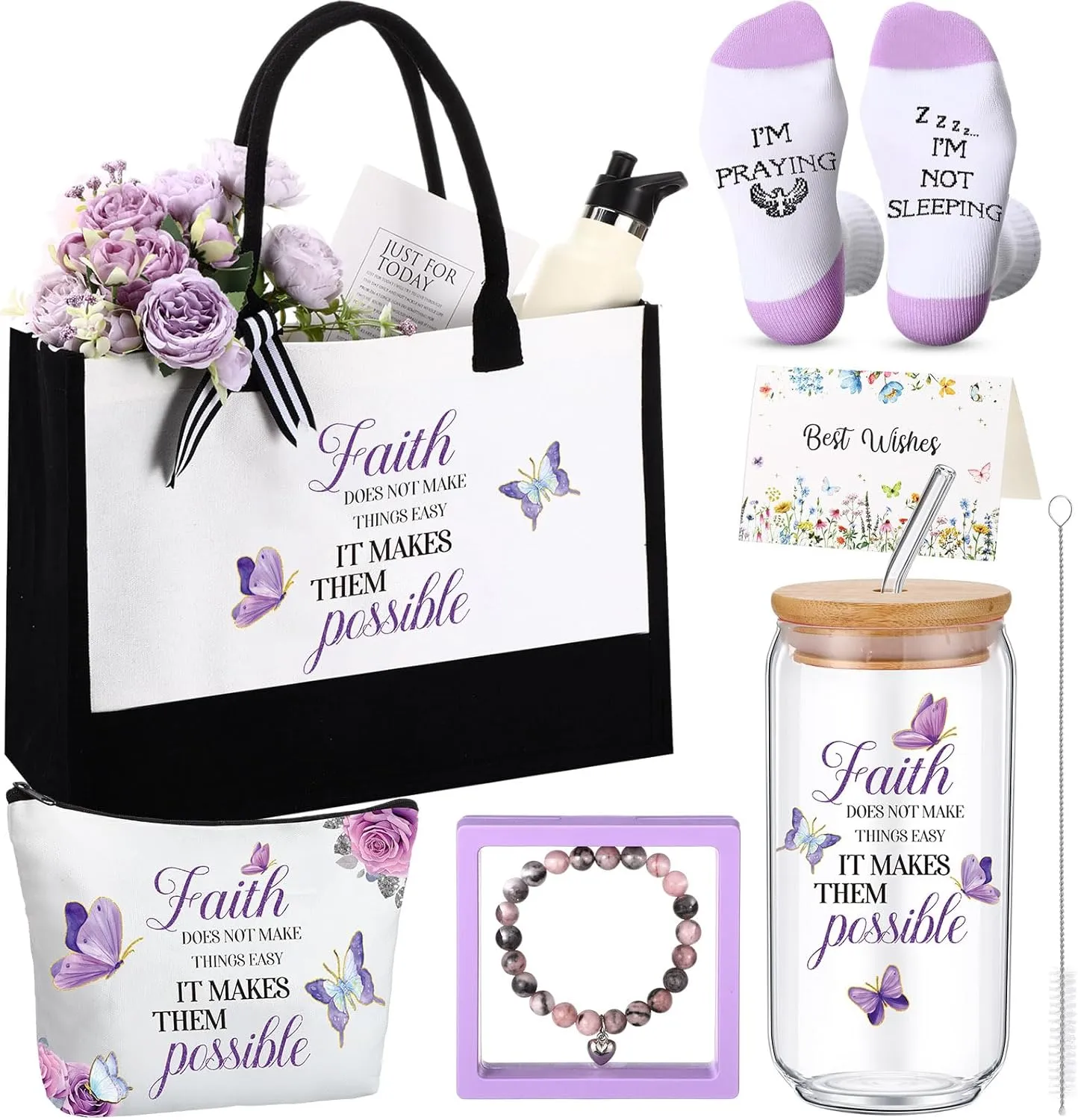 Pickmesh 7 Pack Christian Gifts for Women,Religious Church Gift Set for Mothers Day,Bible Tote Bag, Inspirational Coffee Cup, Christian Socks, Faith Makeup Bag, Stone Bracelet, Greeting Card with Box