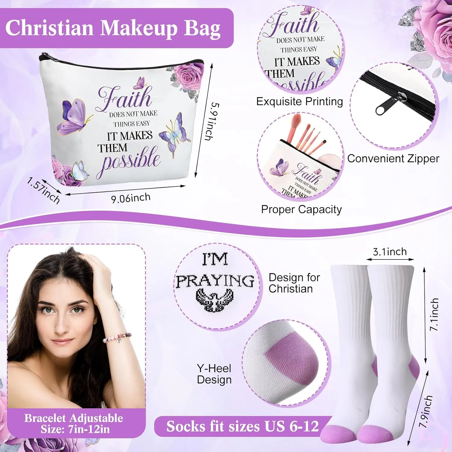 Pickmesh 7 Pack Christian Gifts for Women,Religious Church Gift Set for Mothers Day,Bible Tote Bag, Inspirational Coffee Cup, Christian Socks, Faith Makeup Bag, Stone Bracelet, Greeting Card with Box