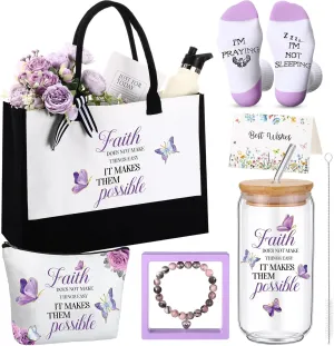Pickmesh 7 Pack Christian Gifts for Women,Religious Church Gift Set for Mothers Day,Bible Tote Bag, Inspirational Coffee Cup, Christian Socks, Faith Makeup Bag, Stone Bracelet, Greeting Card with Box