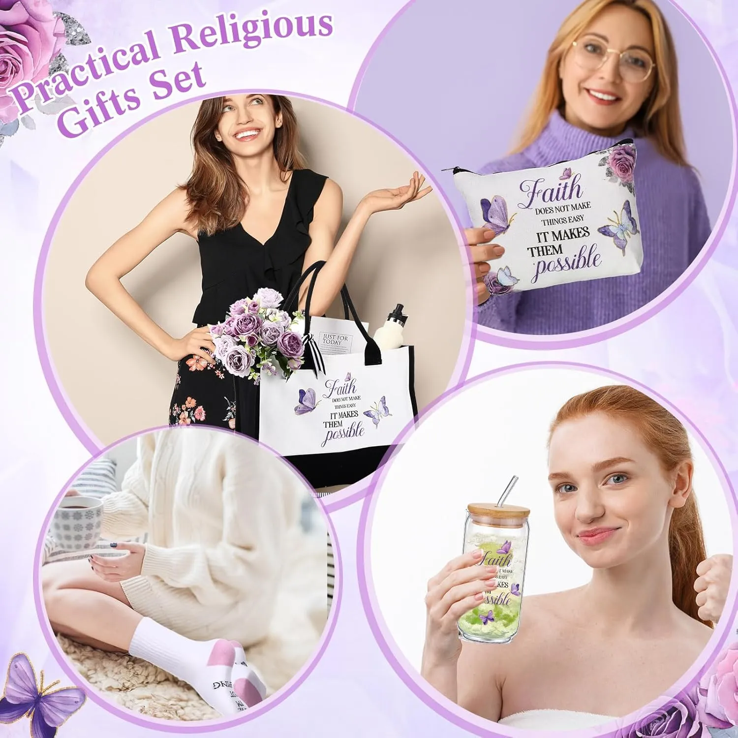 Pickmesh 7 Pack Christian Gifts for Women,Religious Church Gift Set for Mothers Day,Bible Tote Bag, Inspirational Coffee Cup, Christian Socks, Faith Makeup Bag, Stone Bracelet, Greeting Card with Box