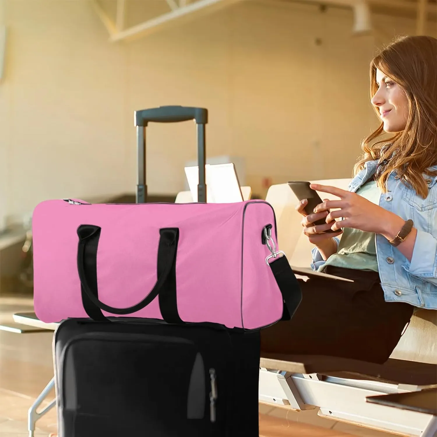 Pink Travel Duffle Bag, Weekender Bags for Women Men, Carry on Overnight Bag Waterproof Gym Bags, Hospital Bag for Labor and Delivery