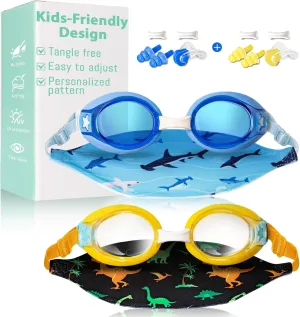 Pixel Panda 2 Pack Kids Swim Goggles with Fabric Strap for 3-15 Anti-Fog Anti-UV, No Leak No Hair Pulling Swimming Goggles