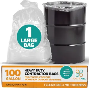 PlasticMill Contractor Bags Heavy Duty - Commercial, Industrial Garbage Bags - Clear Construction Trash Bags - Outdoor, Garden Trash Bags, 100-Gallon, 3 Mil, 67"x79" (1-Count)