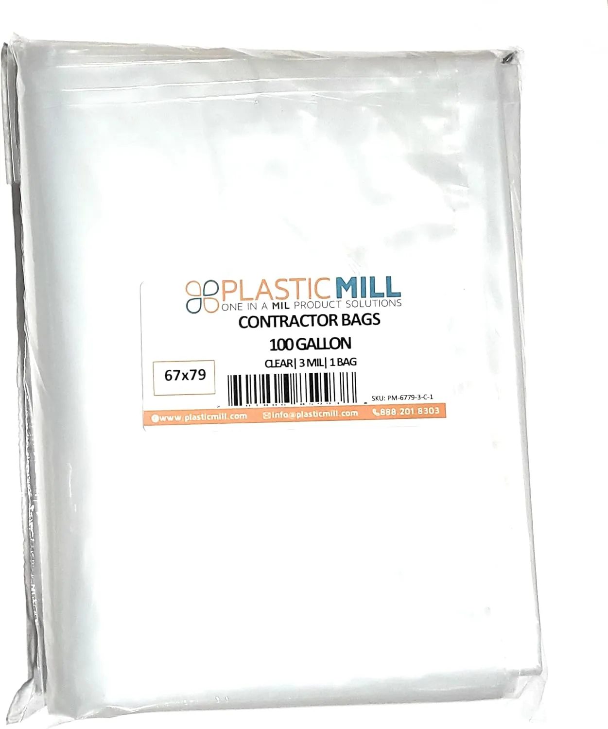 PlasticMill Contractor Bags Heavy Duty - Commercial, Industrial Garbage Bags - Clear Construction Trash Bags - Outdoor, Garden Trash Bags, 100-Gallon, 3 Mil, 67"x79" (1-Count)
